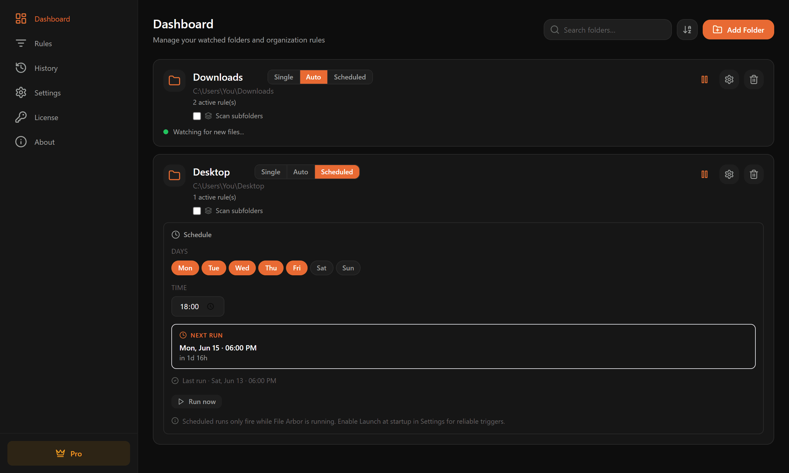 File Arbor desktop application showing automatic file organization with smart rules and folder monitoring