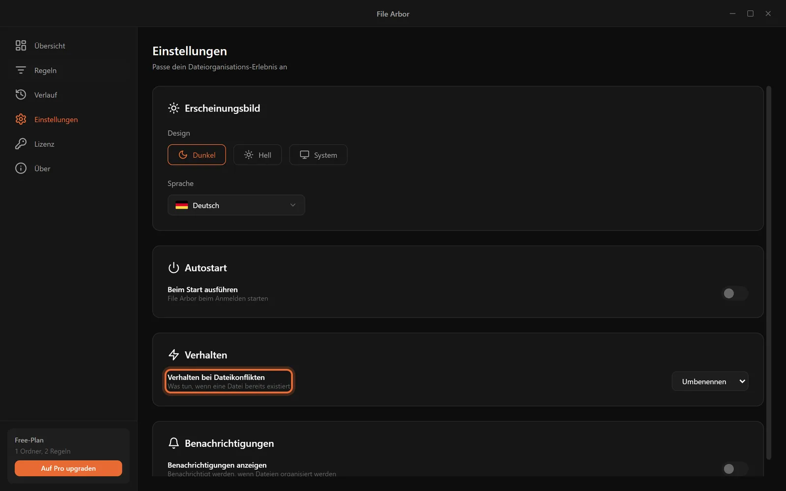 Die Einstellungsseite mit markierter Option Verhalten bei Dateikonflikten