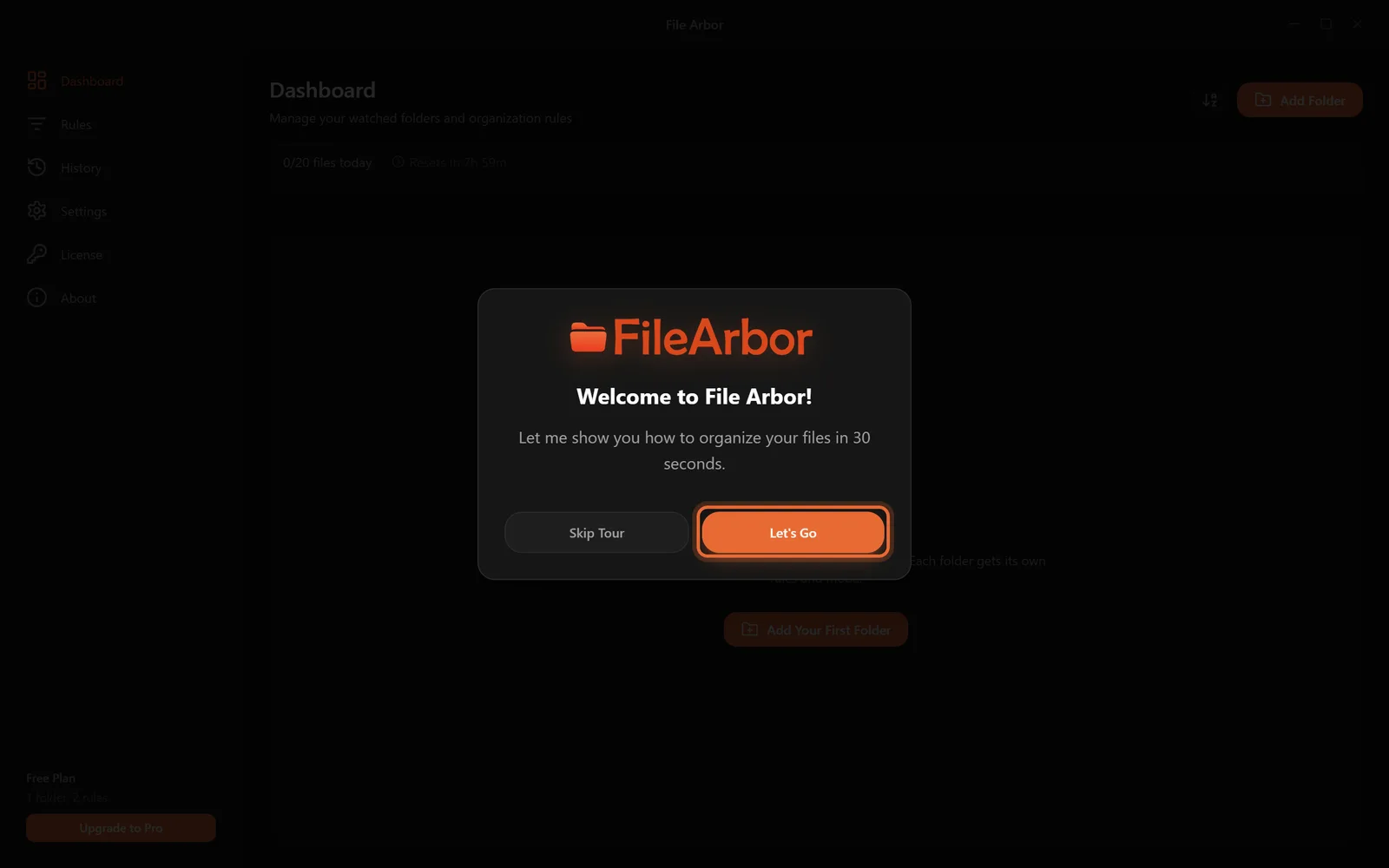 File Arbor 첫 실행 화면. Let's Go 버튼이 강조되어 있다