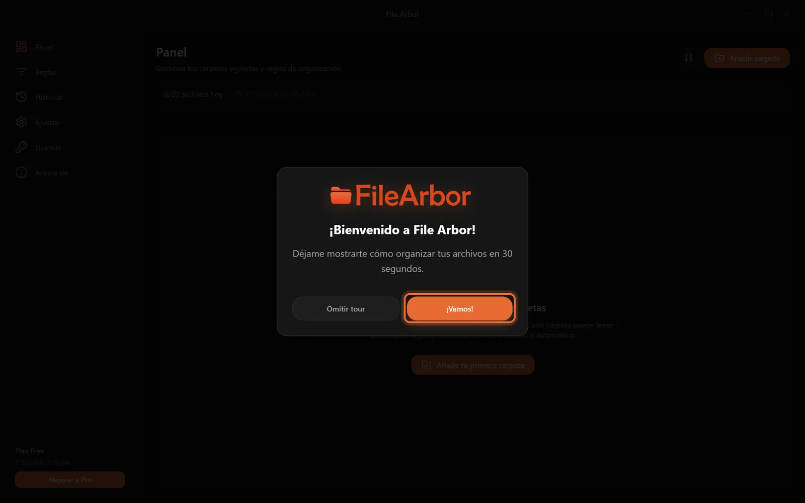La pantalla de bienvenida de File Arbor en el primer arranque, con el botón Vamos resaltado