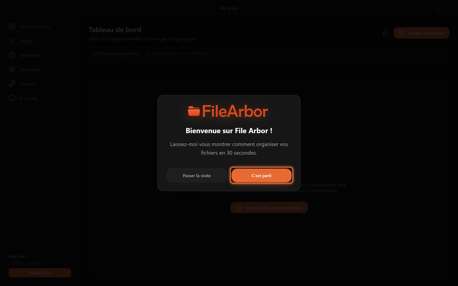 L'écran d'accueil de File Arbor au premier lancement, avec le bouton C'est parti mis en évidence