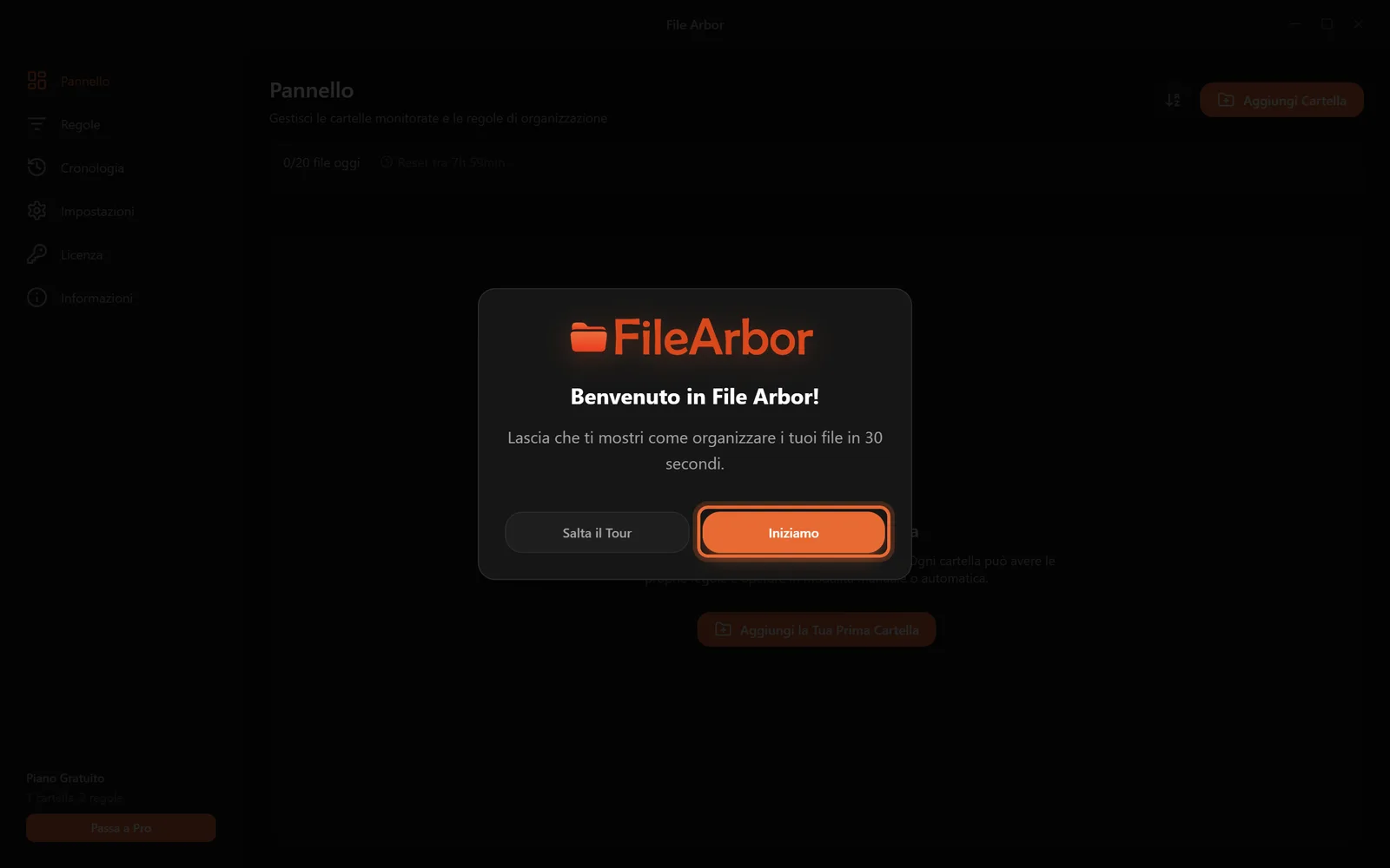 La schermata di benvenuto di File Arbor al primo avvio, con il pulsante Iniziamo evidenziato