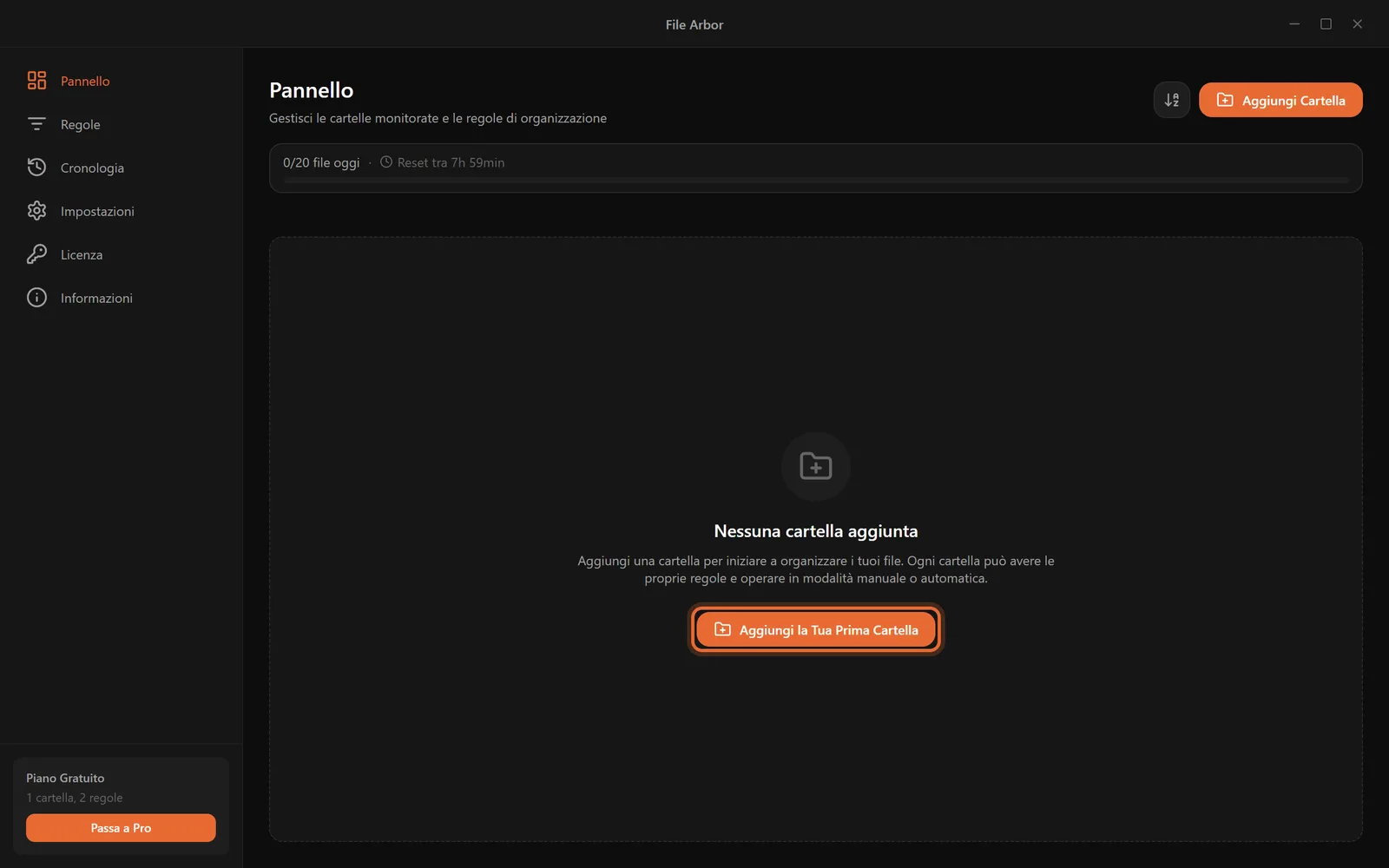 La dashboard vuota di File Arbor con il pulsante Aggiungi la Tua Prima Cartella evidenziato