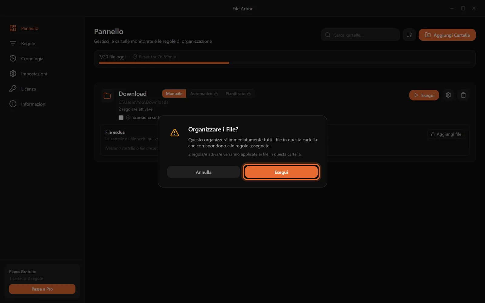 La finestra di conferma Organizzare i File con il pulsante Esegui evidenziato