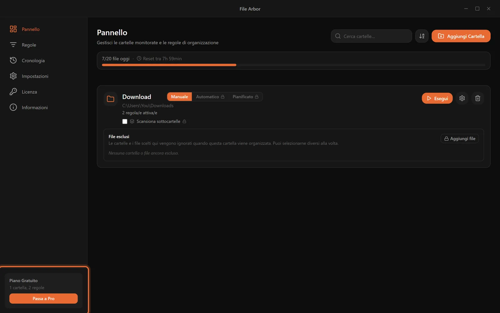 La dashboard nel piano gratuito con il riepilogo del piano evidenziato nell'angolo