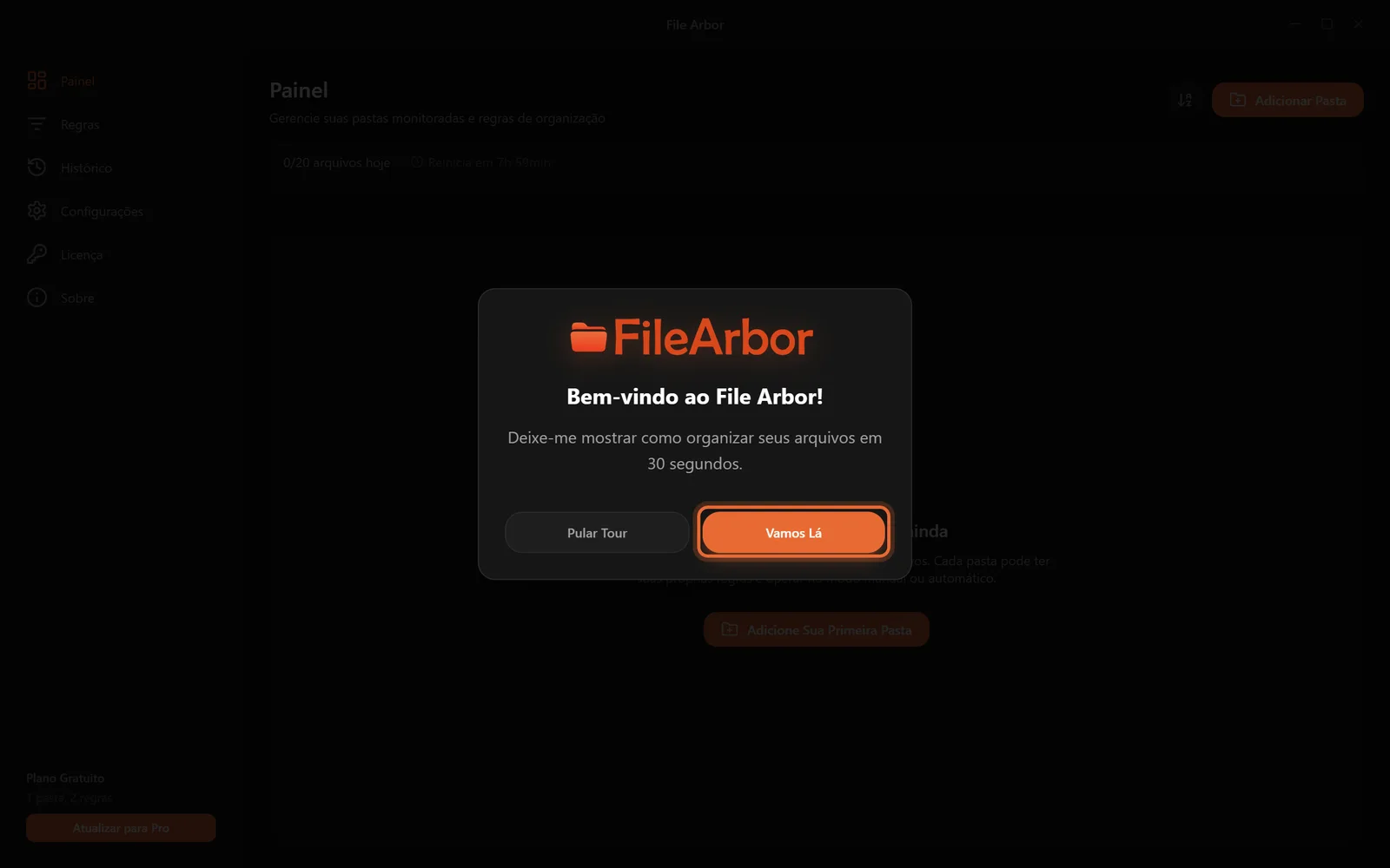 A tela de boas-vindas do File Arbor na primeira abertura, com o botão Vamos Lá destacado
