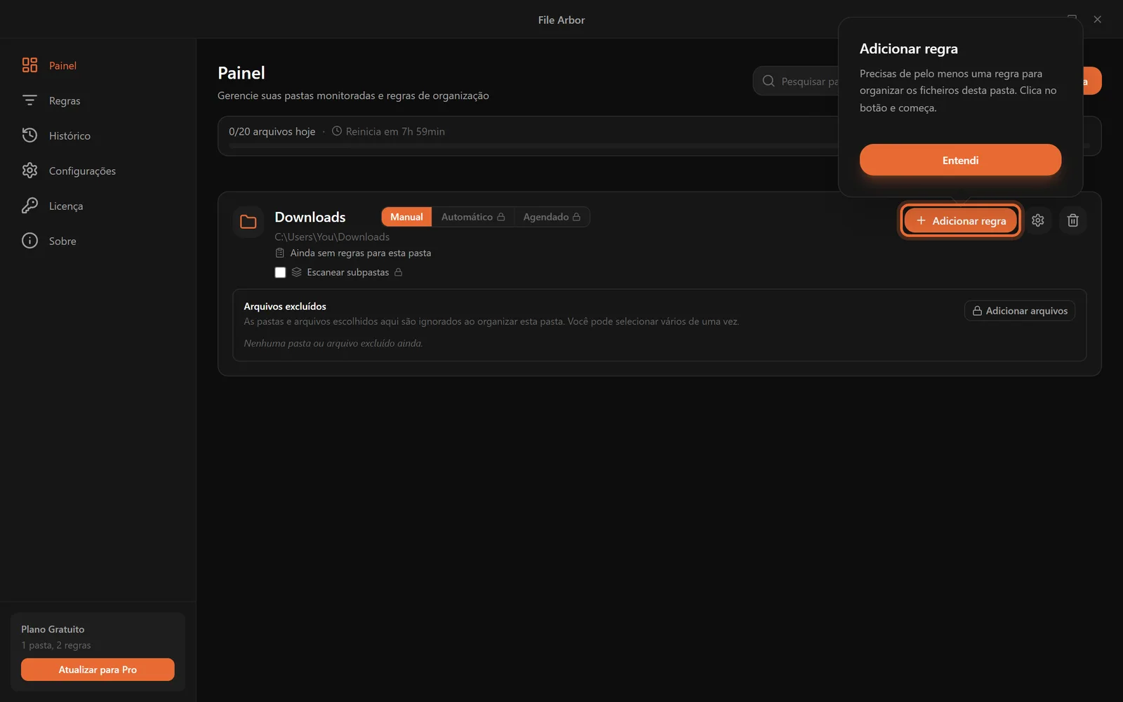 O cartão da pasta Downloads no painel, com o lembrete e o botão Adicionar regra destacados
