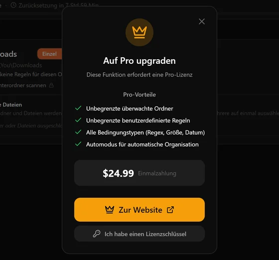 Das Upgrade-Fenster, das erscheint, wenn ein Free-Nutzer auf eine Pro-Funktion klickt