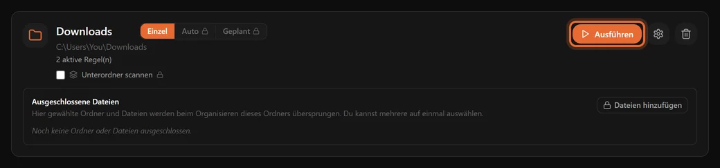 Eine Karte für einen überwachten Ordner in der Übersicht, mit zwei zugewiesenen Regeln und einem Ausführen-Knopf