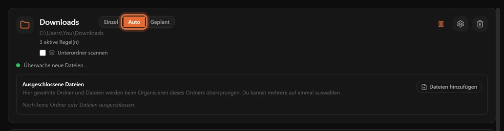 Eine Ordnerkarte im Auto-Modus mit grünem Punkt und dem Text Überwache neue Dateien