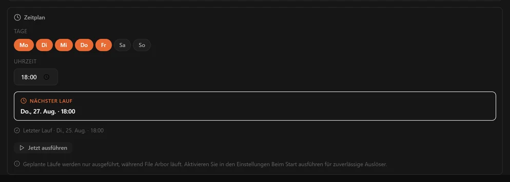 Das Zeitplan-Feld auf einer Ordnerkarte mit Tagesknöpfen, Uhrzeitfeld und nächstem Lauf