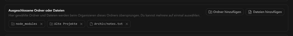 Das Feld Ausgeschlossene Ordner oder Dateien mit node_modules, Alte Projekte und Archiv/notes.txt