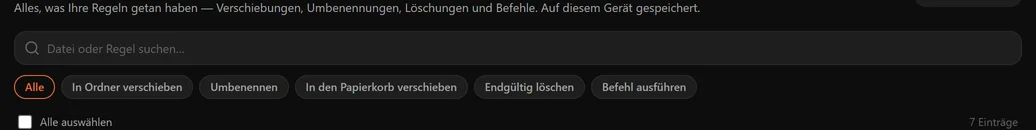 Die Filterzeile des Verlaufs mit Alle, Verschieben, Papierkorb, Löschen und Befehl ausführen, dazu ein Suchfeld