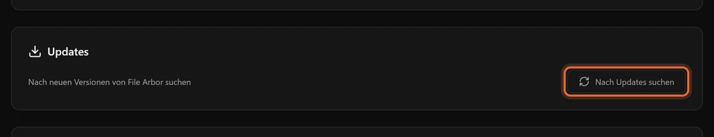 Der Update-Bereich der Über-Seite mit einem Knopf Nach Updates suchen