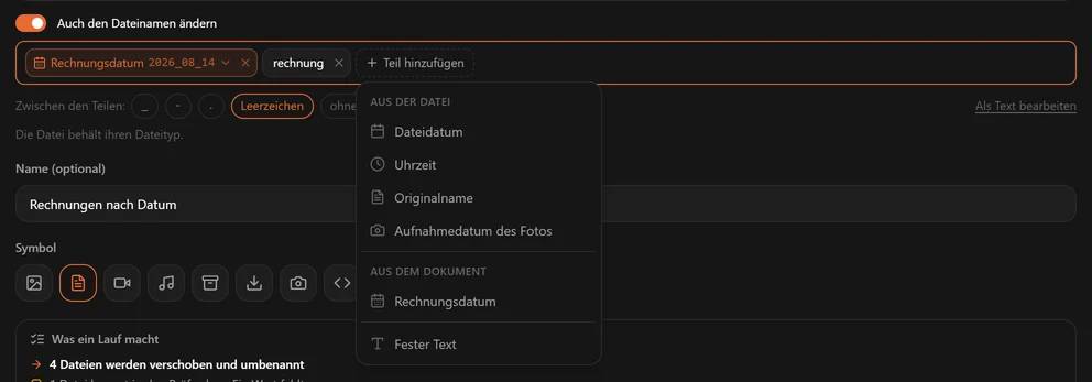 Das Menü Teil hinzufügen mit Dateidatum, Uhrzeit, Originalname und Aufnahmedatum des Fotos unter Aus der Datei, Rechnungsdatum unter Aus dem Dokument und Fester Text