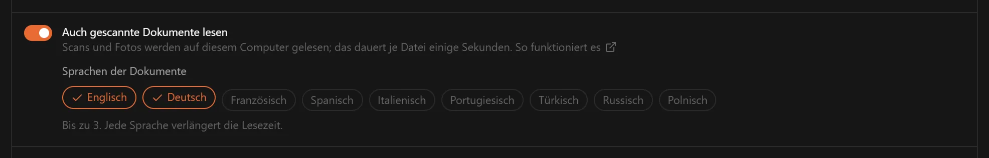 Der Schalter Auch gescannte Dokumente lesen mit den neun Sprachen der Dokumente
