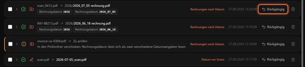 Zeilen des Verlaufs: umbenannte Rechnungen mit den verwendeten Werten für Rechnungsdatum, eine in den Ordner Zu prüfen verschobene Datei mit dem Grund und ein umbenannter Scan, jeweils mit einem Rückgängig-Knopf