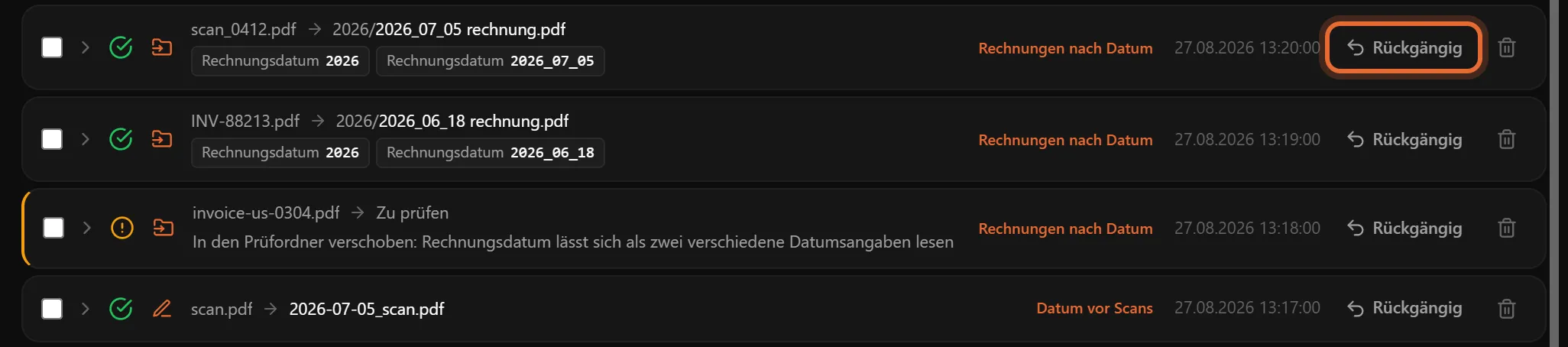 Verlaufszeilen für umbenannte Rechnungen mit den verwendeten Werten und einem Rückgängig-Knopf in jeder Zeile