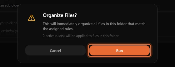 Okno potwierdzenia Organize Files informujące, ile reguł zostanie zastosowanych