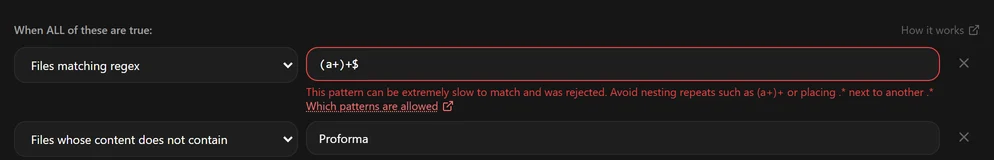 Warunek regex z (a+)+$ oznaczony na czerwono, z komunikatem, że wzorzec został odrzucony