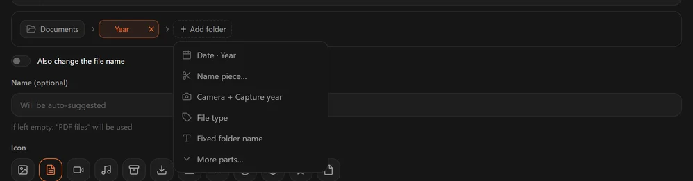 Menu Add folder z pozycjami Date Year, Name piece, Camera + Capture year, File type, Fixed folder name i More parts
