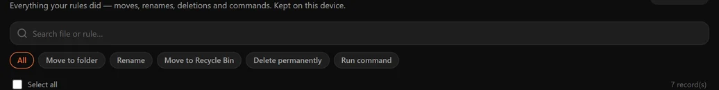 Wiersz filtrów historii z All, Move, Recycle Bin, Delete i Run command oraz polem wyszukiwania