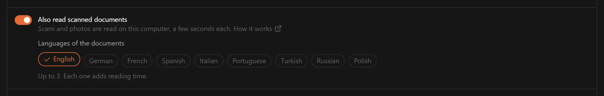 Włączony przełącznik Also read scanned documents i dziewięć języków dokumentów do wyboru