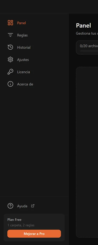 La barra lateral de File Arbor: Panel, Reglas, Historial, Ajustes, Licencia y Acerca de