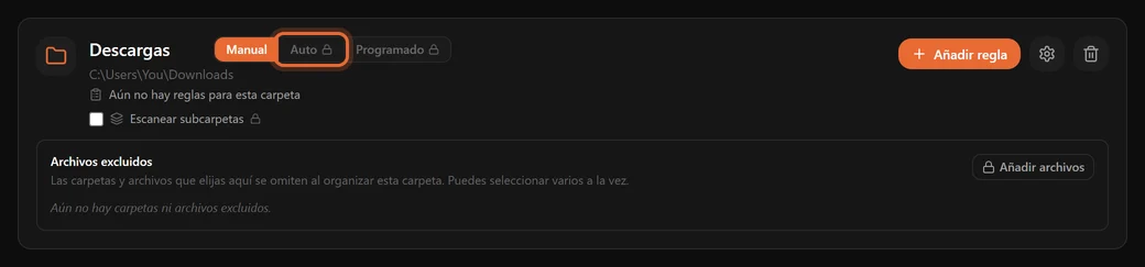 El selector Manual, Auto y Programado en una tarjeta de carpeta, con Auto resaltado y bloqueado en el plan gratuito