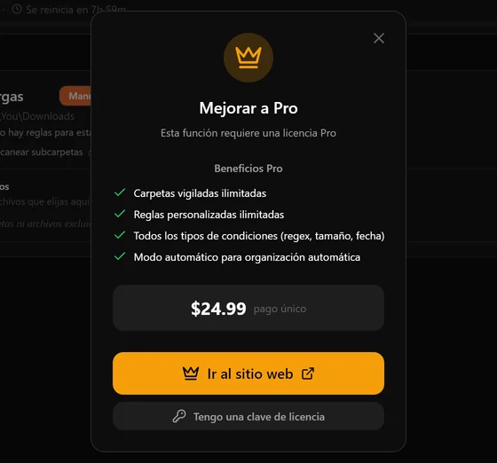 El panel de mejora que aparece cuando alguien del plan gratuito pulsa una función Pro