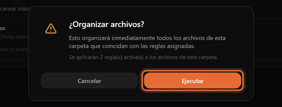 La ventana de confirmación ¿Organizar archivos? indicando cuántas reglas se aplicarán