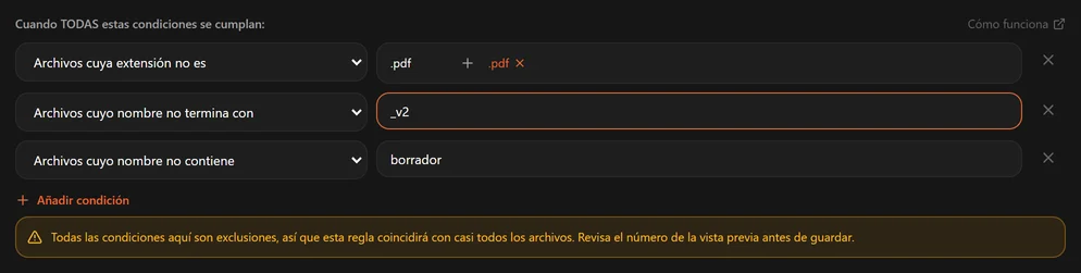 Una regla formada solo por exclusiones, con un aviso ámbar de que coincidirá con casi todos los archivos