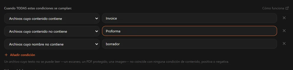 Una regla con una condición contenido contiene Invoice y otra contenido no contiene Proforma