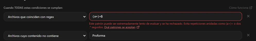Una condición regex con (a+)+$ marcada en rojo, con un mensaje que dice que el patrón fue rechazado