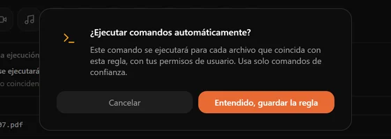 Una ventana que avisa de que el comando se ejecutará para cada archivo coincidente con tus permisos de usuario