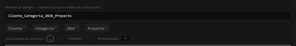 El selector de parte del nombre partiendo un nombre de ejemplo por guiones bajos, con cada pieza pulsable