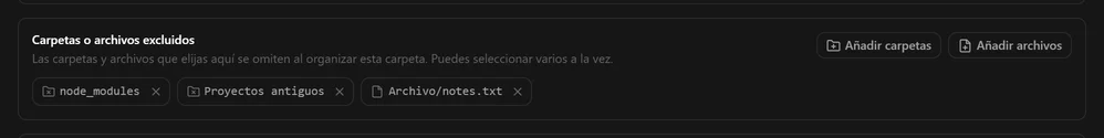 El panel de carpetas o archivos excluidos con node_modules, Proyectos antiguos y Archivo/notes.txt