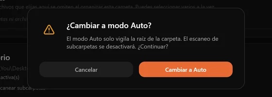 Una ventana que pide confirmar el cambio a modo Auto porque se desactivará el escaneo de subcarpetas