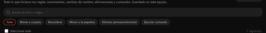 La fila de filtros del historial con Todo, Mover, Papelera, Eliminar y Ejecutar comando, más un campo de búsqueda