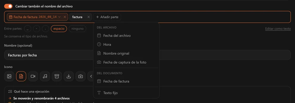 El menú Añadir parte con Fecha del archivo, Hora, Nombre original y Fecha de captura de la foto bajo Del archivo, Fecha de factura bajo Del documento, y Texto fijo