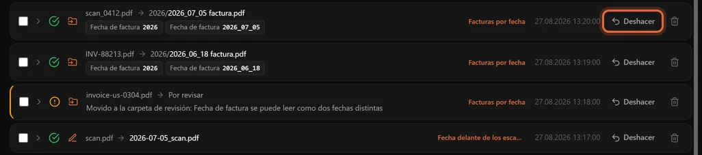 Filas del Historial: facturas renombradas con los valores de Fecha de factura usados, un archivo movido a la carpeta de revisión con el motivo y un escaneo renombrado, cada una con un botón Deshacer