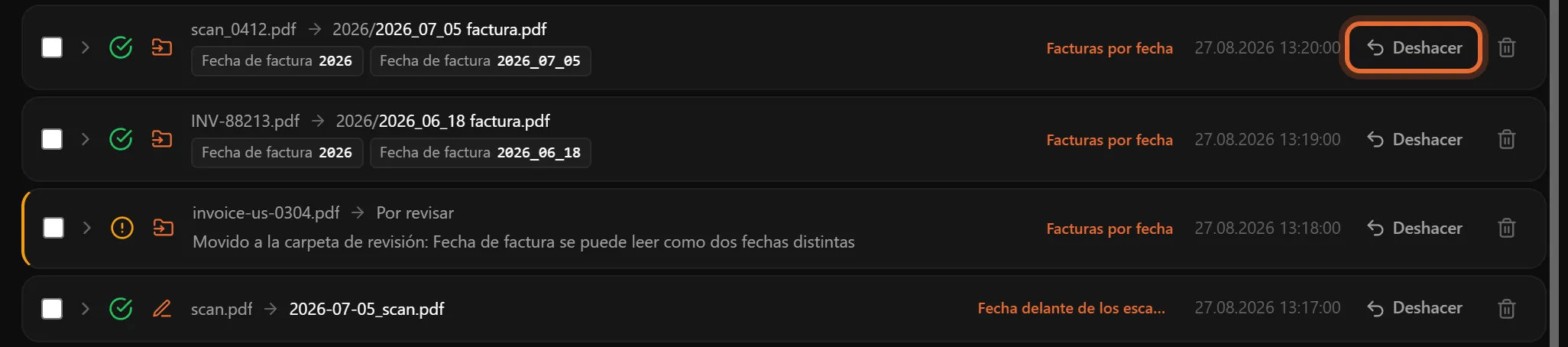 Filas del Historial con facturas renombradas, los valores usados y un botón Deshacer en cada una