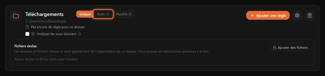 Le sélecteur Unique, Auto et Planifié sur une carte de dossier, avec Auto mis en évidence et verrouillé sur le plan gratuit