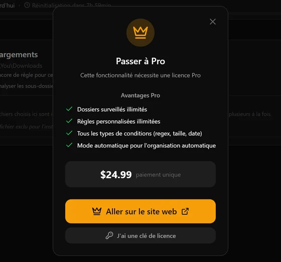 Le panneau d'abonnement qui apparaît quand un utilisateur du plan gratuit clique sur une fonction Pro