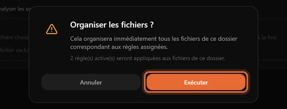 La fenêtre de confirmation Organiser les fichiers, indiquant combien de règles seront appliquées