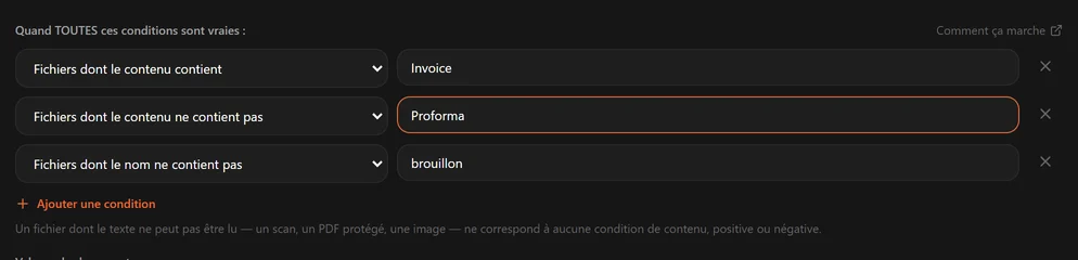 Une règle avec une condition contenu contient Invoice et une condition contenu ne contient pas Proforma