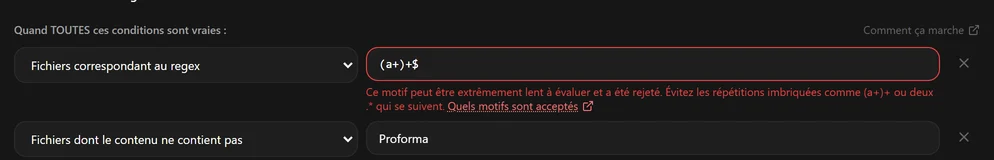 Une condition regex contenant (a+)+$ marquée en rouge, avec un message indiquant que le motif a été rejeté