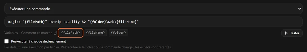 L'éditeur de commande avec une commande, les trois étiquettes de variables et un bouton Tester