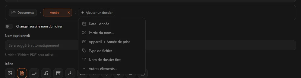 Le menu Ajouter un dossier proposant Date Année, Partie du nom, Appareil et Année de prise, Type de fichier, Nom de dossier fixe et Autres éléments