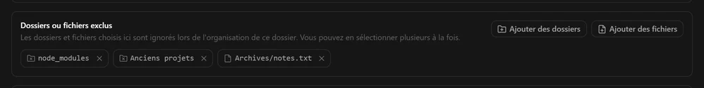 Le panneau des dossiers ou fichiers exclus listant node_modules, Anciens projets et Archives/notes.txt
